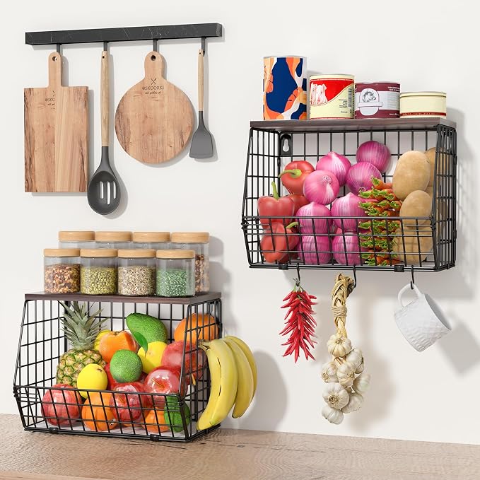 Wawocs Fruit Basket for Kitchen Counter 2 Tier Fruit Bowl, Stackable Wall Mounted Hanging Fruit Basket Wire Baskets with Wood Lid with 4 Banana Hanger Hooks, Onion Basket, Fruit and Vegetable Storage - Image 3