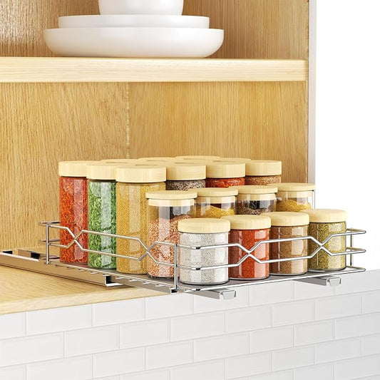 Pull Out Spice Rack Organizer for Cabinet, Chrome, 8.5"W x 10.5"D x 2.5"H | Slide Out Design, No Drill Asembly, Fits Spices, Bottles & Jars, Ideal For Narrow Kitchen Cabinets & Pantry by RCHYFEED