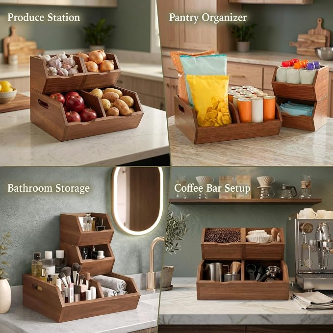 Acacia Pantry Storage Bins Set of 3, Stackable Potato Onion Wood Baskets | Open Front Vegetable and Produce Holders with Airflow, Grip Handles, Organizers for Kitchen Counter and Cabinet - Image 5