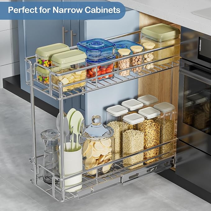 ROOMTEC Pull Out Spice Rack for Narrow Cabinet (5½" W X 21" D),2 Tier Slide Out Cabinet Organizer and Pull Out Shelves Under Cabinet Storage for Kitchen, Chrome - Image 2