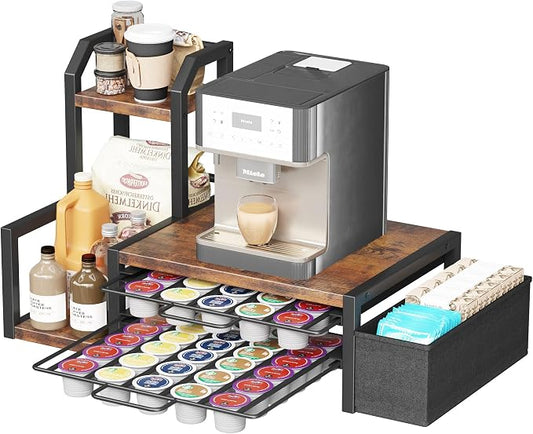 Homeiju K Cup Organizer for Countertop,Holds 60 K-Cups & 10 Syrup Bottles | Coffee Station Organizer with Coffee Pod Holder, Pull-Out Drawer with Anti-Slide Lock, Side Basket & Syrup Rack, Rustic Brown by Homeiju