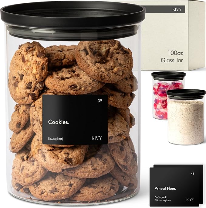 KIVY Large Glass Jar with transparent Glass Lid [100oz] Sealed glass canisters with airtight lid - Black canister - Laundry pod jar - Rice Storage jar - Flour and sugar containers - Flour Canister by KIVY