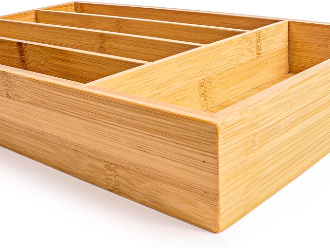 BergHOFF Bamboo Flatware Organizer 5-slot, 13.5" x 8.25", Natural, Fit in any size of drawer, great for spoons, forks, knives, scissors, peelers, chef tools | Skinny Silverware Organizer for Narrow Kitchen Drawers, 5 Compartment Cutlery Tray & Utensil ... - Image 5