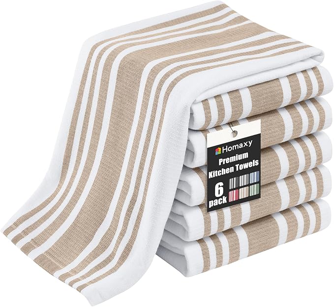 Homaxy Premium Cotton Stripe Kitchen Towels 6 Pack, 18"x 28", Khaki | Large 380 GSM Kitchen Hand Towels, Soft Terry Dish Towels, Highly Absorbent Tea Towel Set with Hanging Loop by Homaxy