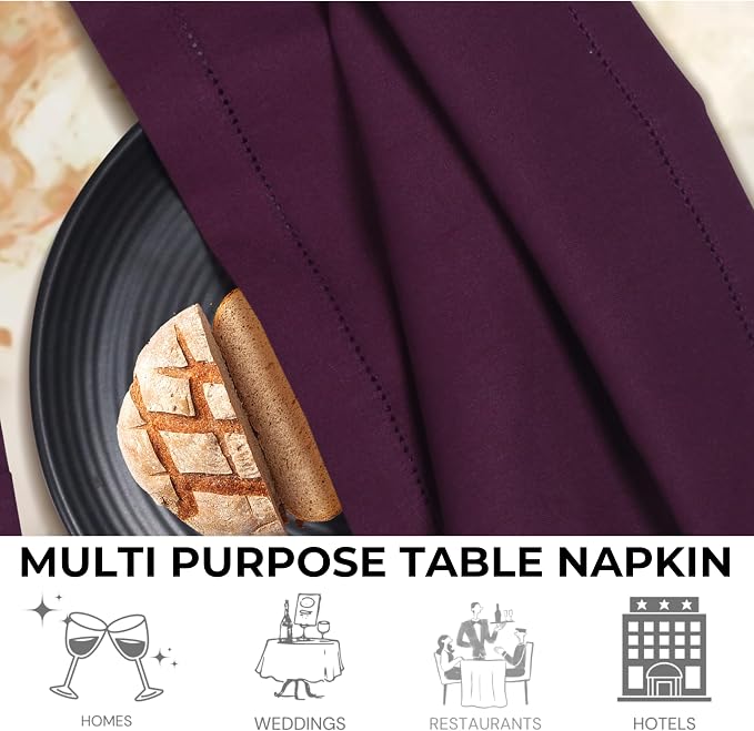 Bedding Craft Hemstitched Cotton Dinner Napkins Set of 12 – 18x18 Elegant Italian Plum – Machine Washable Soft Fabric Napkins for Weddings, Formal Dinners & Daily Dining - Image 3