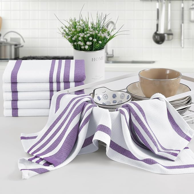 Homaxy Premium Cotton Stripe Kitchen Towels 8 Pack, 18"x 28", Purple | Large 380 GSM Kitchen Hand Towels, Soft Terry Dish Towels, Highly Absorbent Tea Towel Set with Hanging Loop - Image 5