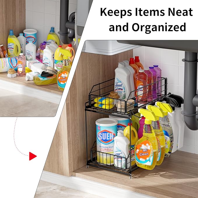 Under Sink Organizers and Storage 2 Pack, 2-Tier Pull Out | Large Black Metal Shelf, Hanging Rail, Kitchen Bathroom Cabinet Organizer, Sliding Storage Drawer for Pantry - Image 3