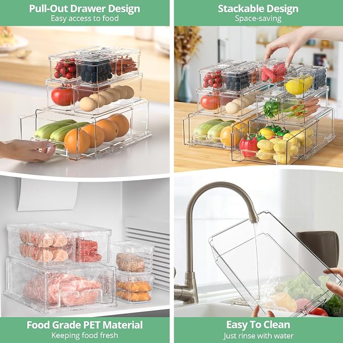damynuo 14Pack Fridge Organizer Bins, Clear Refrigerator Organizing Containers with Lids and Refrigerator Drawers, Stackable Food, Vegetable and Fruit Containers for Fridge Organizers and Storage - Image 5