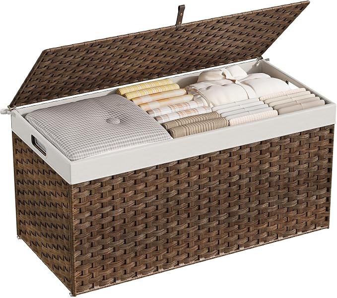 HOOBRO Storage Basket with Lid, 52.8 Gallon (200L) Wicker Basket, Handwoven Blanket Storage Basket with Handles, Metal Frame and Soft Lining, Foldable for Bedroom, Laundry Room, Brown BR220CW01 - Image 7