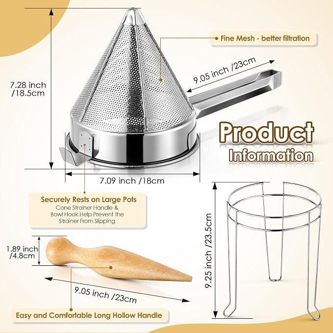 Feekoon Stainless Steel Chinois Strainer with Stand and Wooden Pestle Set, China Cap Strainer for Tomato, Berry, Fruit, Egg, Soup and Other Canning Jam Making Supplies, 15.35 x 7.67 x 7.28 inch - Image 2