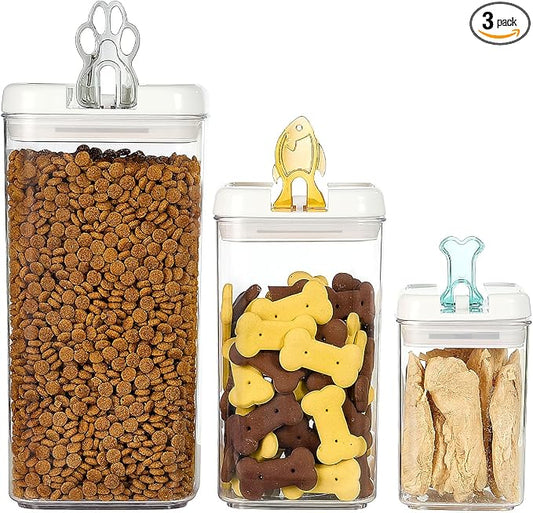 Felli Flip Tite Pet Food Container with Airtight Lids, BPA FREE Acrylic Canister with Paw Bone Fish Flip Top Handles for Cat Dog Kibble Treats Storage, Keep Fresh (Pet Collection Nest-L3pk) by Felli