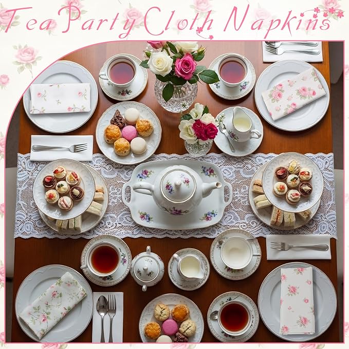 24 Pcs Floral Cloth Napkins 6 Patterns Washable Dinner Tea Party Napkins Reusable Plant Flowers Square Napkin Cotton Towel Decorative for Summer Wildflower Party(Pink Rose) - Image 7