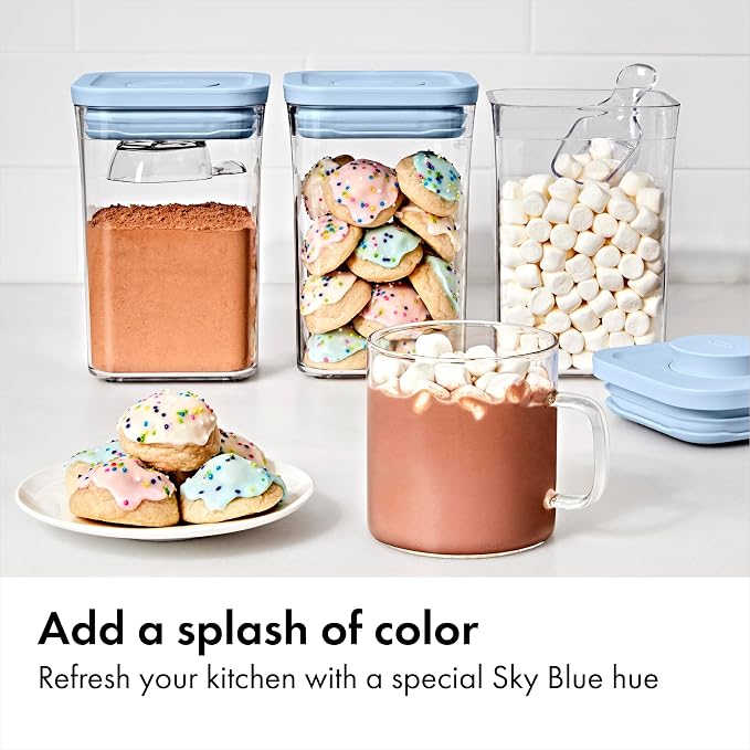 OXO Good Grips 3-Piece POP Container Set with Mini Scoops — Sky Blue, 1.1 Qt/1 L Capacity, Airtight Pop-Up Container with Push-Button Seal, Kitchen Storage Canisters for Cereal and Snacks - Image 2