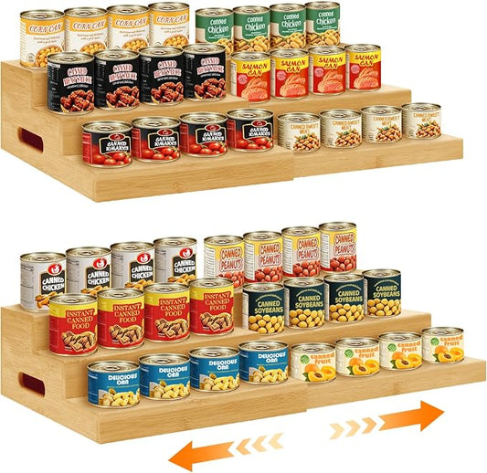 2 Pack 3-Tier Bamboo Expandable Can Rack Organizer for Pantry | Stackable Canned Food Organizers and Storage, Kitchen Cabinet, Food Can Holders Dispensers for Pantry Up To 48 Cans by Aclema