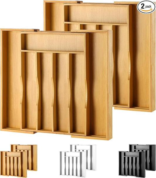 2-Piece Bamboo Silverware Organizer, Expandable Kitchen Drawer Organizer for Cutlery and Utensils, Multifunction Adjustable Bamboo Wood Cutlery Tray in Drawer for Flatware, (Natural) by oridom