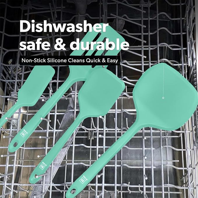 New DI ORO Silicone Turner Spatula Set - Kitchen Spatulas for Nonstick Cookware - Cooking Utensils for Flipping Eggs & Pancakes - 600°F Heat-Resistant BPA Free Turners - Dishwasher Safe (4pc, Mint) - Image 6