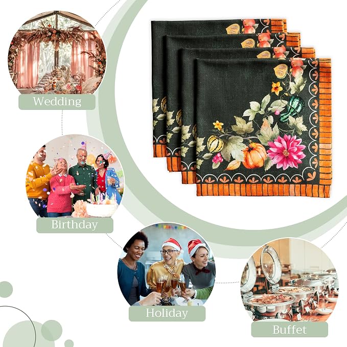 Maison d' Hermine Cloth Napkins Set of 4 Reusable 100% Cotton (20" x 20") | Everyday Square Napkins Cloth Washable Dinner Wedding Restaurant Kitchen Thanksgiving Christmas - Pumpkin Garden - Dark Green - Image 6