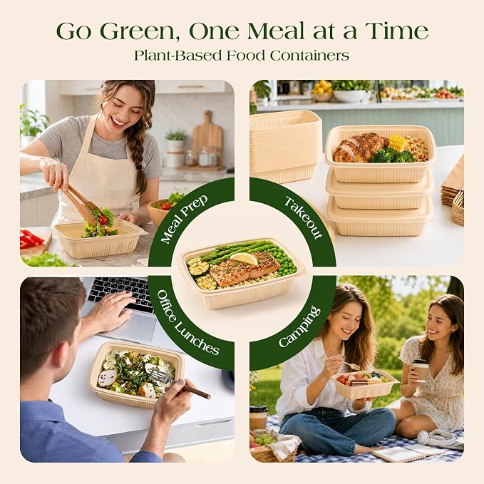 100 Piece (50 Pack) Meal Prep Containers with Lids,32 oz Resuable Cornstarch Material Salad Containers, Plant-based Lunch Boxes, Plastic Take Out Bowls BPA Free, Microwave Freezer Safe, Stackable - Image 2
