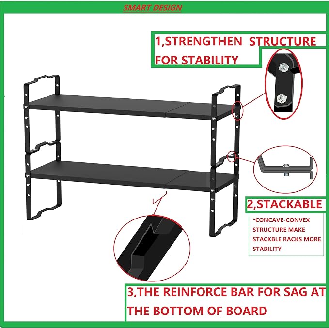 Jojocross Expandable Shelf for Cabinet Organizer Adjustable and Stackable Spice Rack at Kitchen and Bathroom More, Counter Countertop Cupboard Organization Pantry Storage(LARGE/3PACKS/BLACK) - Image 7