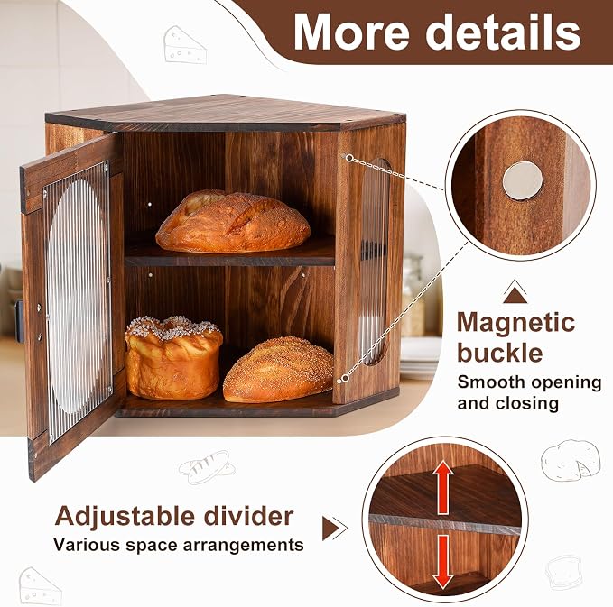 Sunhoo Bread Box for Kitchen Countertop Corner Bread Storage Wooden Breadbox Container 2 Layer Bread Holder Keeper Large Farmhouse Bread Bin Shelf for Homemade Pantry Vintage Acrylic Window(Brown) - Image 2