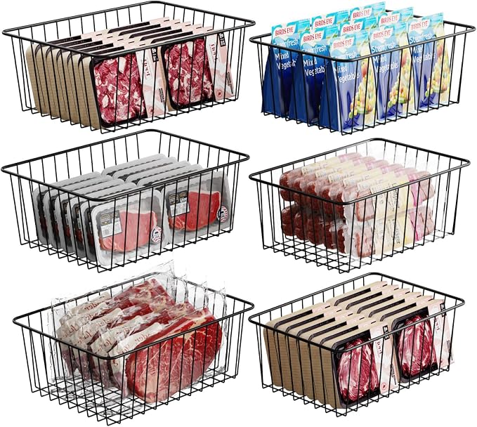 Freezer Organizer Bins - For 16 Cu Ft Upright Freezer, 6 Pack Black | Wire Baskets 3 Large & 3 Medium Sizes, Slide-Out for Easy Access, Prevent Food Falling Out, Keep Stand-Up Freezer Organized by iSPECLE