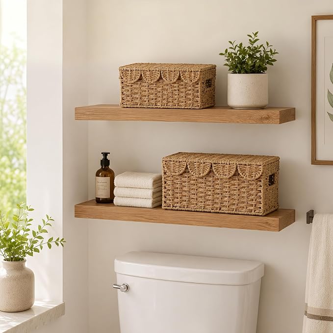 Set of 2 Scalloped Wicker Baskets with Lid,Paper Rope Decorative Storage Baskets for Shelves, Display Shelf, Handmade Cute Woven Basket for Nursery,Living Room Decor - Image 2