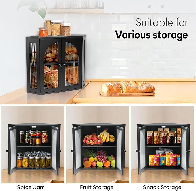 Corner Bread Box for Kitchen Countertop,Double Layer Bread Holder | 3 Adjustable Height, Large Capacity, Magnetic Acrylic Door, Bamboo Bread Storage Container for Homemade Bread, Black - Image 7