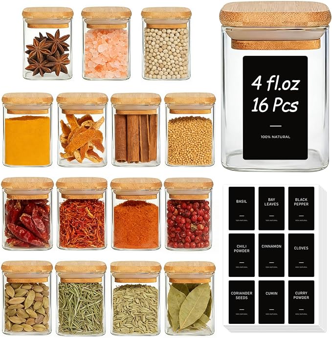 ComSaf Spice Jars 4oz 16 Pack, Seasoning Containers with labels 54 Labels | Small Glass Jars, Bamboo Lid with Silicone Seal, Kitchen Spice Drawer Organizer, Loose Tea,Herbs,Powders,Salt,Chili, BPA Free by ComSaf