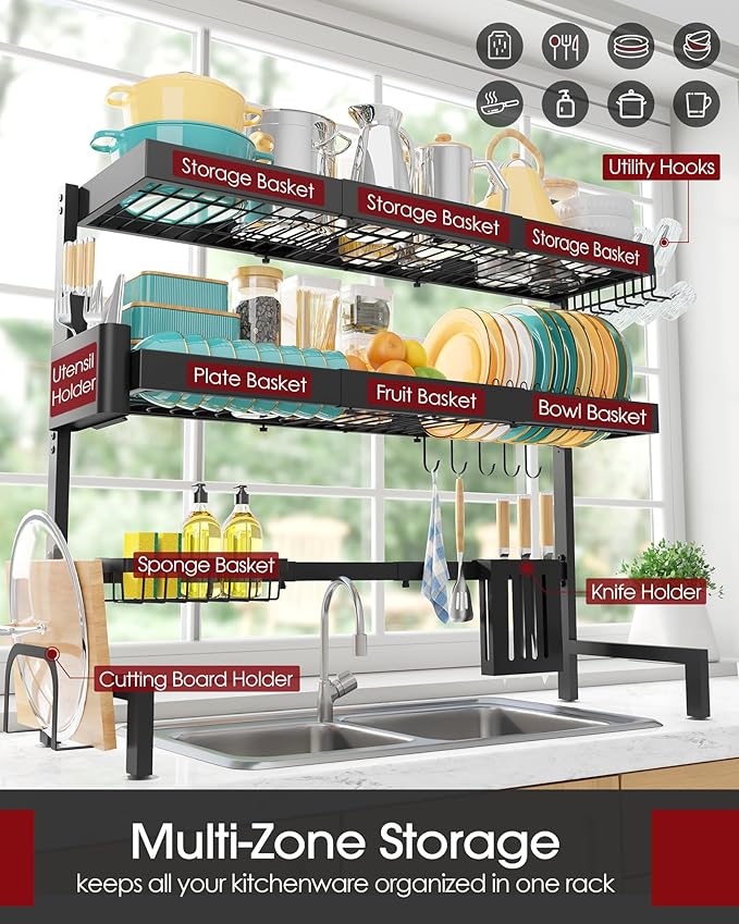 Sakugi 3-Tier Dish Drying Rack Over The Sink, Expandable for Counter | Rustproof Stainless Steel Kitchen Storage Organizer, Space-Saving 31.5"–39.5"Lx12"Wx33"H, Black - Image 2