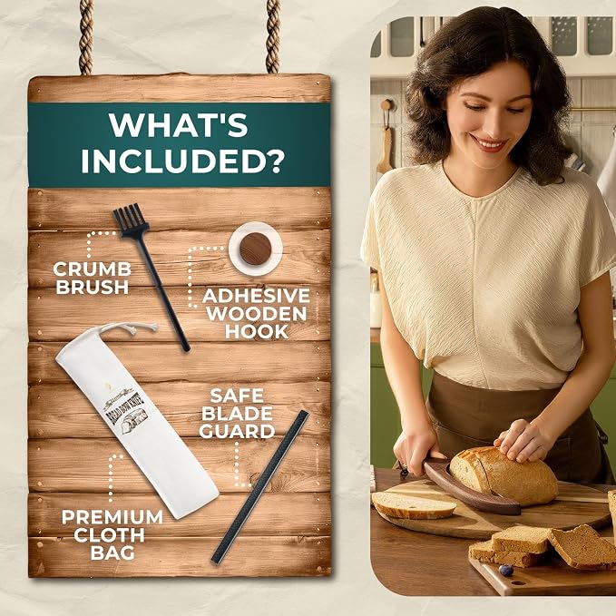 Bread Knife Package Slicer for Sourdough Bread, 16.5" Premium Wooden Bow Design, Premium Stainless Steel Serrated Saw, Cutter for cutting Loaf, Sandwich, Bagels, Homemade Bread & more - Black Walnut - Image 3