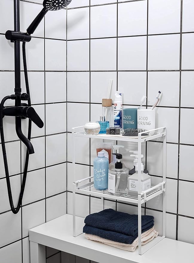 Shantton 2pk Kitchen Cabinet Shelf Counter Organizer Rack Pantry Storage Bathroom Bedroom Office Table Desk Space Saving Steel Frame Stackable Rust Resistant Non Slip White-Tall- L13in W8.3in H9.5in | 2-Pack Stackable Metal Riser Holds 40LBS with Non-S... - Image 9