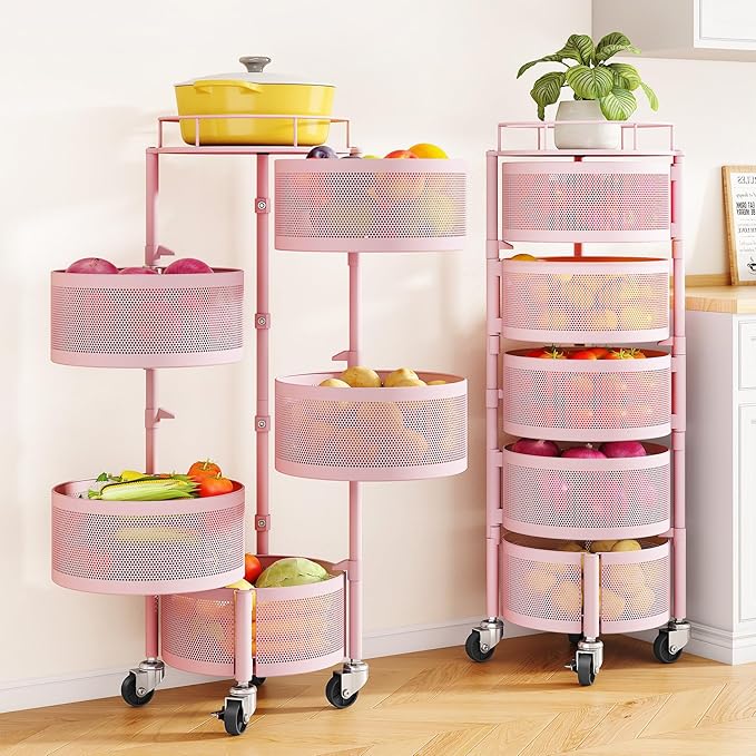SNTD Fruit and Vegetable Basket Bowls for Kitchen with Metal Top Lid, 5 Tier Rotating Storage Rack Cart for Potato Onion Bread Banana, Wire Basket Organizer on Wheels, Large, Pink by SNTD