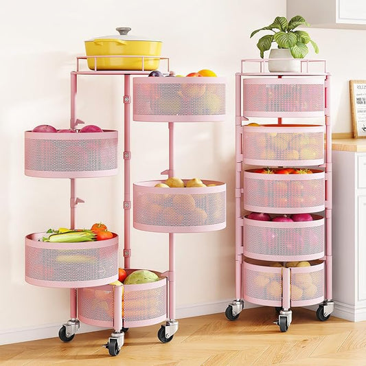 SNTD Fruit and Vegetable Basket Bowls for Kitchen with Metal Top Lid, 5 Tier Rotating Storage Rack Cart for Potato Onion Bread Banana, Wire Basket Organizer on Wheels, Large, Pink by SNTD