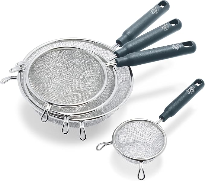 GreenLife Cooking Tools and Utensils, 4 Piece Extra Fine Stainless Steel Mesh Strainer Kitchen Set, Stay Cool Handles, Dishwasher Safe, BPA-Free, Grey by GreenLife