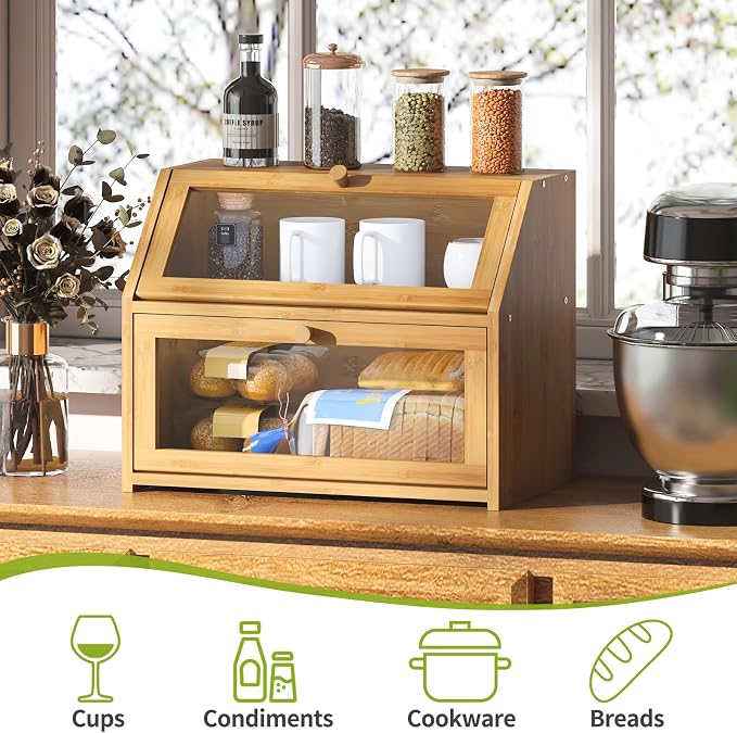 BMOSU Farmhouse Bread Box for Kitchen Countertop Bread box Double Layer Bamboo Wooden Extra Large Capacity Bin Kitchen Food Storage Container(Natural) - Image 5