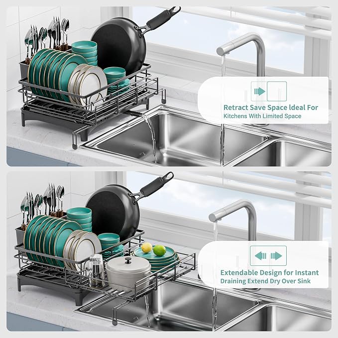 Large Dish Drying Rack - Expandable Dish drainers for Kitchen Counter,Over The Sink Dish Drainer Drying Rack,Rustproof Dish Drainer with Utensil Holder and Drainboard - Image 4