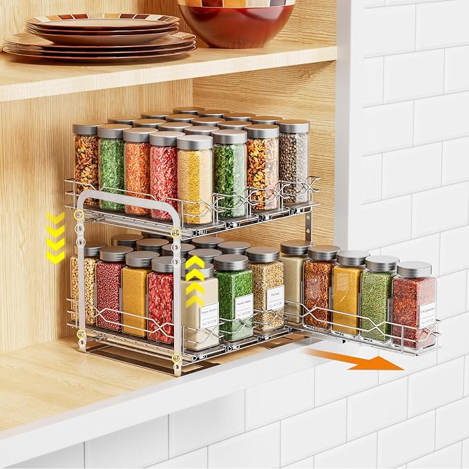 Pull Out Spice Rack,2 Tier Sliding Drawer, Height Adjustable Spice Rack | Chrome, Tape or Screw Mount Available, Fits 4oz Spice Jars Up to 2.0 Inch Diameter for Kitchen Cabinets and Pantry - Image 5