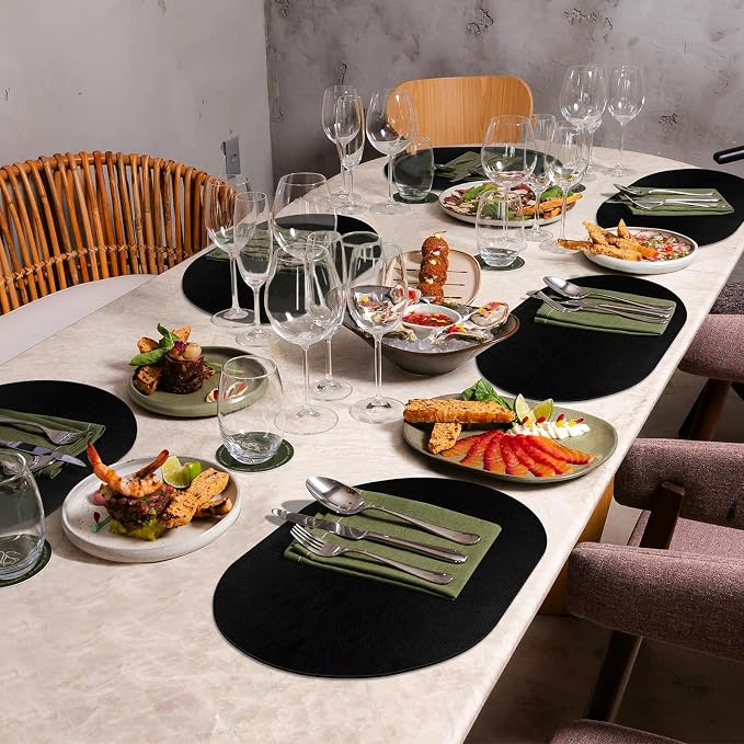 ADRIMER Placemats, Heat Resistant Oval Placemats Set of 8 Washable 12 x 17 Inch, Waterproof Table Mats, Wipeable Pu Place Mats for Kitchen, Dining Room, Black - Image 7