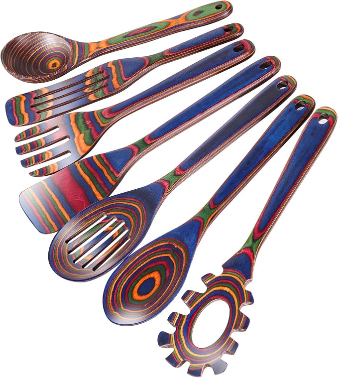MYRAINBOW Wooden Spoons for Cooking – 7 Piece Pakkawood Kitchen Utensils Set with Spatulas, Spoons, Ladles, and Turner for Mixing, Serving & Cooking by Myrainbow