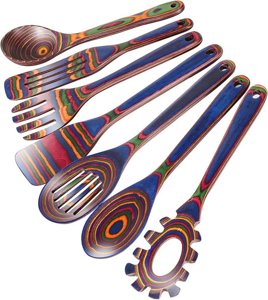 MYRAINBOW Wooden Spoons for Cooking – 7 Piece Pakkawood Kitchen Utensils Set with Spatulas, Spoons, Ladles, and Turner for Mixing, Serving & Cooking by Myrainbow