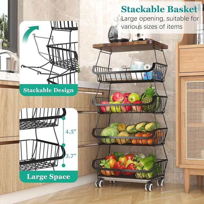 CHLORYARD Fruit Basket with Wooden Lid for Kitchen, 5-Tier Stackable Wire Fruit Vegetable Storage Basket Organizer Stand on Wheel, Produce Basket Potato Onion Storage Bins Rack Cart for Pantry - Image 3
