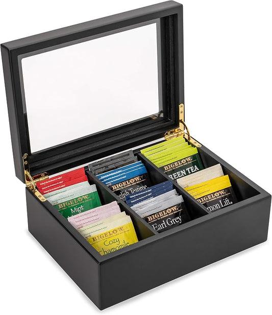 Break Tradition Wooden Tea Organizer For Tea Bags - 6 Compartments, Clear Top Window, Lid Stays Open (Black) by BreakTradition