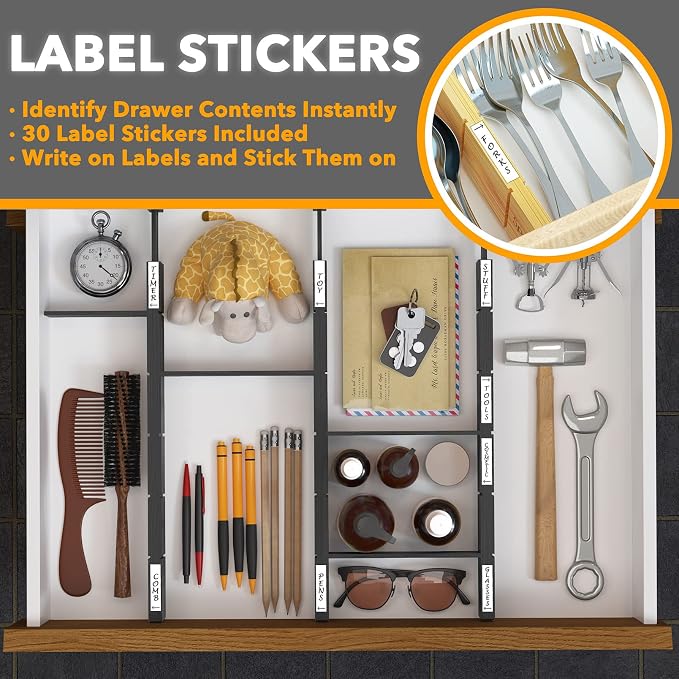 SpaceAid Bamboo Drawer Dividers with Inserts and Labels, Kitchen Adjustable Drawer Organizers, Expandable Organization for Home, Office, Dressers, 4 Dividers with 9 Inserts (17"-22" Black) - Image 3