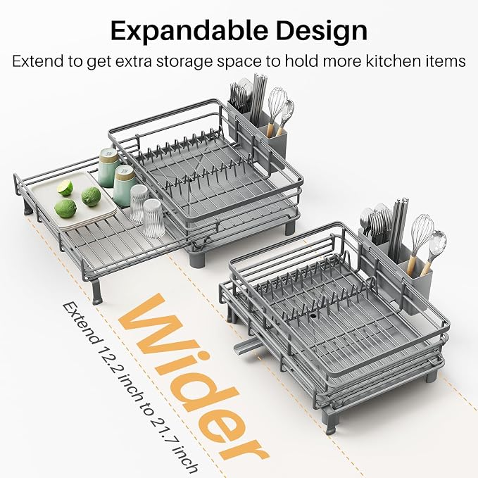 SNTD Expandable Dish Drying Rack for Kitchen Counter, Stainless Steel, Grey | Foldable Over Sink, Large Capacity, Adjust to Fit Most Sinks, Angled Drainboard, Removable Utensil Holder, Slip Resistant - Image 5