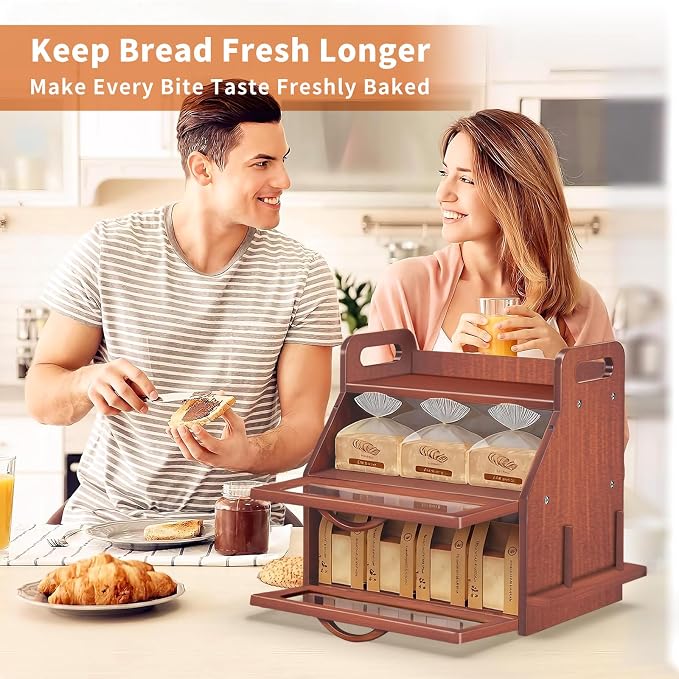 BAMBANG Bread Box for Kitchen Countertop, Extra Large Double Layer Bamboo Breadbox with Clear Window, Farmhouse Wooden Bread Storage Container for Homemade Bread, Knife & Cutting Board Holder, Brown - Image 3