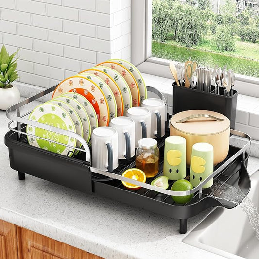 SAYZH Expandable Dish Drying Rack for Small Kitchen Counter, Black | Stainless Steel, Protective Guardrail, Angled Drainboard, Fits High-Rim Sinks, Removable Utensil Holder by SAYZH