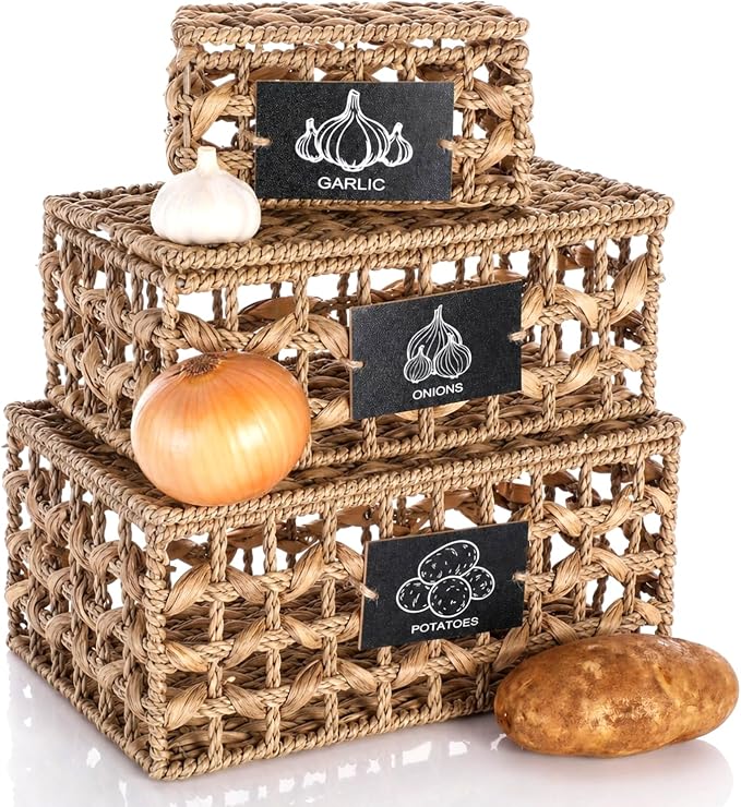 Set of 3 Kitchen Vegetable Storage Potato Onion Garlic Storage Bins with Lid and Label, Handwoven Wicker Pantry Organizer Keeper Containers Baskets for Countertop Cabinet Farmhouse Decor by Blushtier