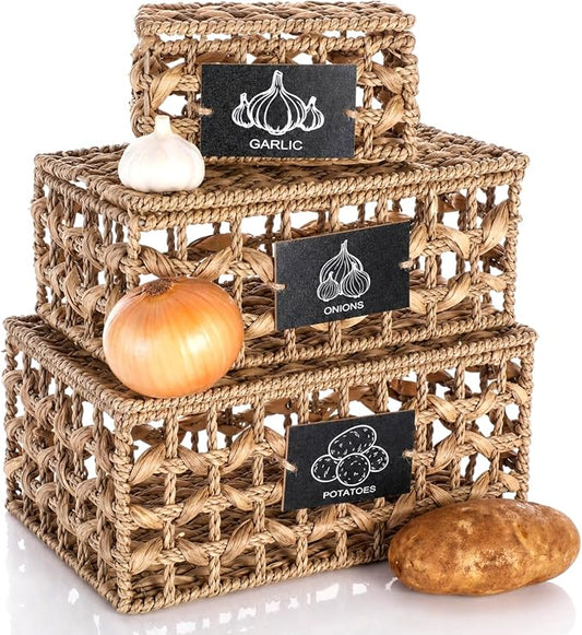 Set of 3 Kitchen Vegetable Storage Potato Onion Garlic Storage Bins with Lid and Label, Handwoven Wicker Pantry Organizer Keeper Containers Baskets for Countertop Cabinet Farmhouse Decor by Blushtier