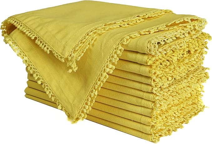 Bedding Craft Cotton Cloth Dinner Napkins Set of 12 – 18x18 Yellow with Decorative Lace Selvedge – Durable Machine Washable Fabric Napkins for Weddings, Baby Showers, Parties & Dining by BeddingCraft