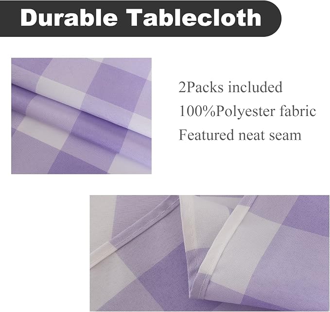 Cupuamon 2 Pack Waterproof Polyester Fabic Rectangle Checkered Tablecloth，60x102 Outdoor Table Cloth，Oil Stain Prevention Table Cloth for Pinics and Parties（Lavender and White） - Image 2